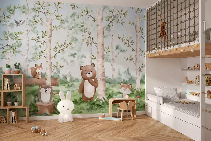 Fototapet En barnillustration av en skog med en björn, en räv och en igelkott w05532