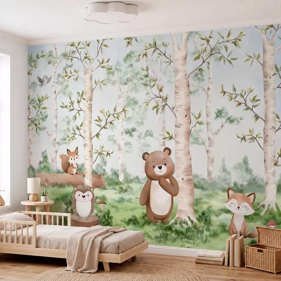 Fototapet En barnillustration av en skog med en björn, en räv och en igelkott w05532