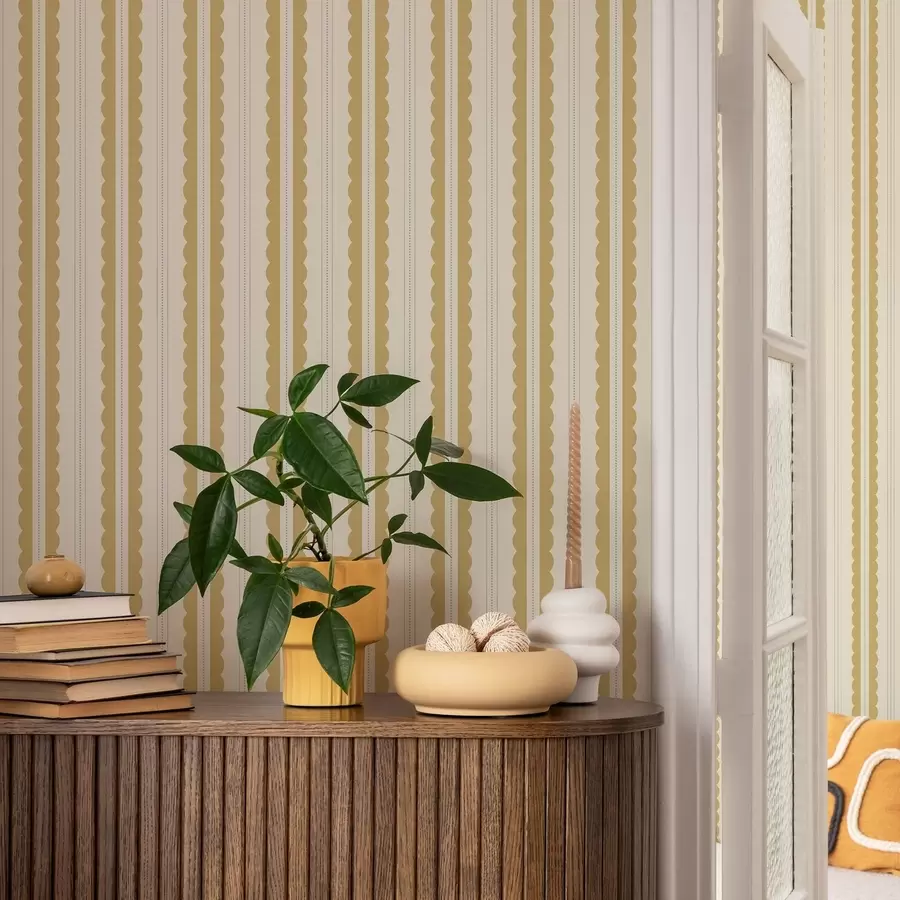 Fototapet Gula vågiga ränder med gråblå prickar a01185v4