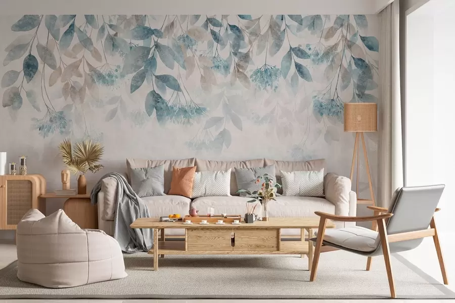 Fototapet strukturerade, kaskadliknande blad med blommor i turkosa och beige nyanser w05565