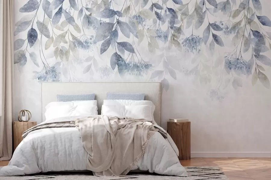 Fototapet strukturerade, överhängande blad med blommor i blå och beige nyanser w05565v1