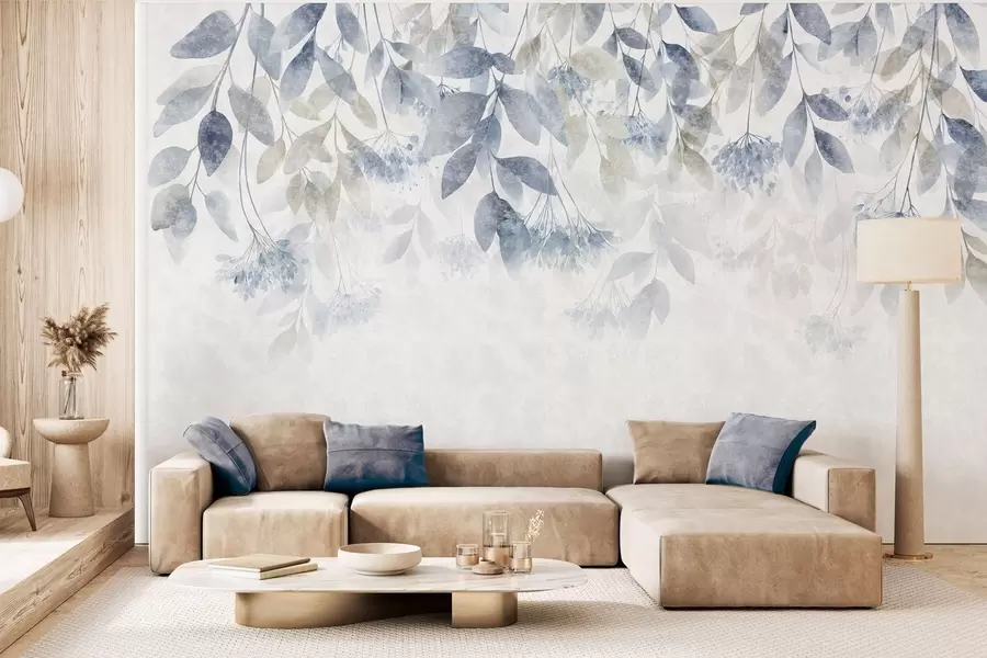 Fototapet strukturerade, överhängande blad med blommor i blå och beige nyanser w05565v1