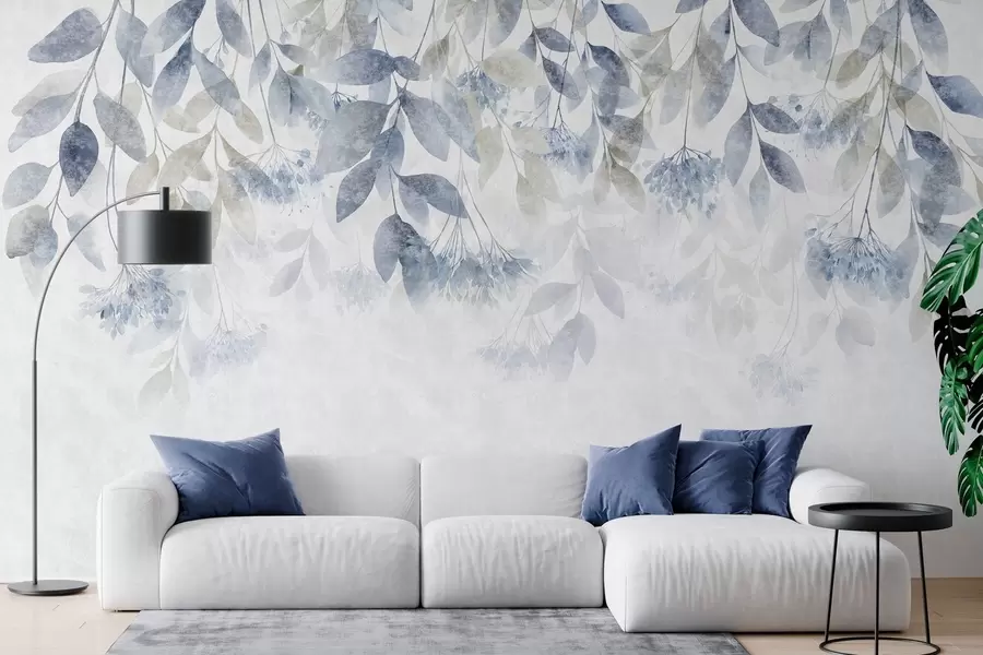Fototapet strukturerade, överhängande blad med blommor i blå och beige nyanser w05565v1