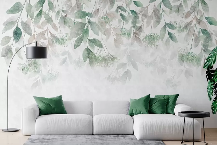 Fototapet strukturerade, överhängande blad med blommor i nyanser av grönt och beige w05565v2