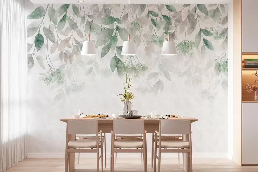 Fototapet strukturerade, överhängande blad med blommor i nyanser av grönt och beige w05565v2