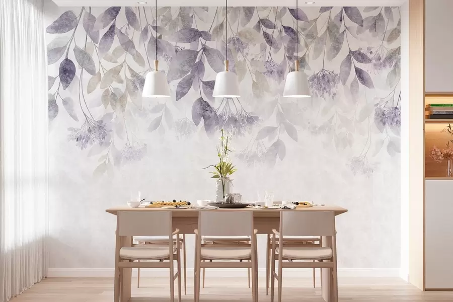 Fototapet strukturerade, hängande blad med blommor i nyanser av lila och beige w05565v3