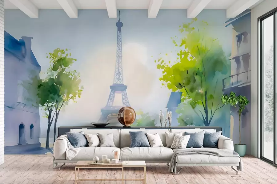 Fototapet Paris, ett stadslandskap i akvarellstil à la prima w05566