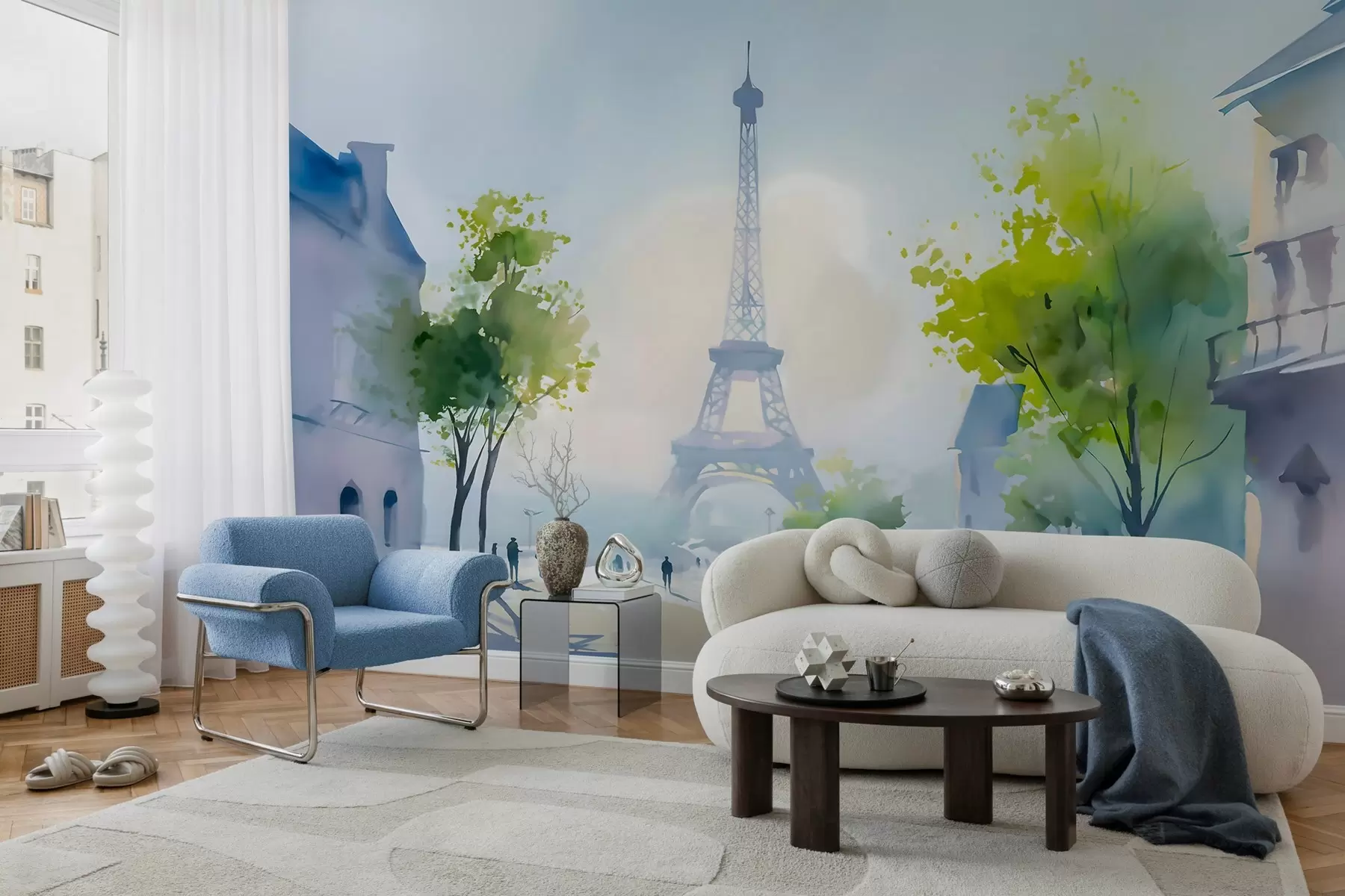Fototapet Paris, ett stadslandskap i akvarellstil à la prima w05566