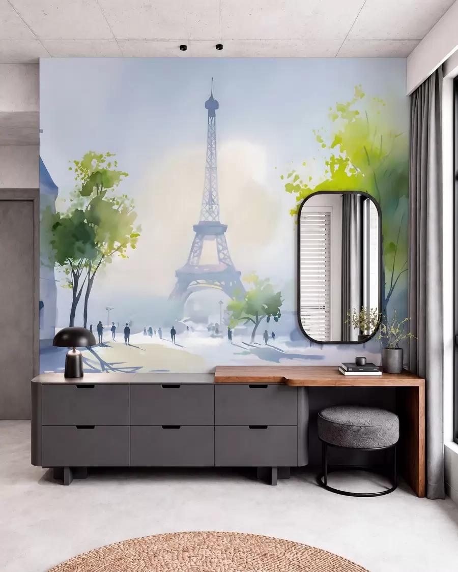 Fototapet Paris, ett stadslandskap i akvarellstil à la prima w05566