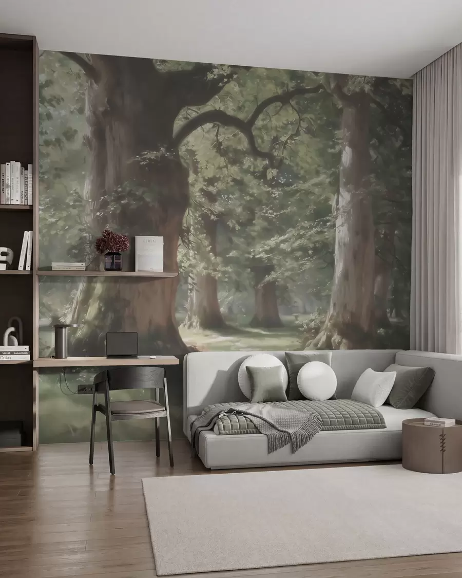 Fototapet Ett sagolikt skogslandskap i en mjuk grön-beige färgskala i målningsstil w09845