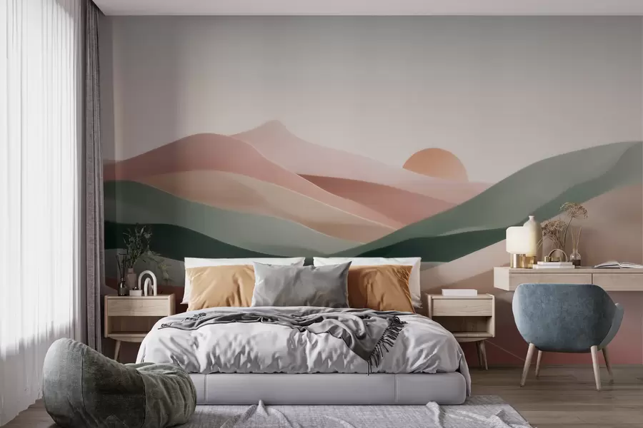 Fototapet Abstrakt ökenlandskap i en pastellgrön-rosa färgskala, minimalism w09860