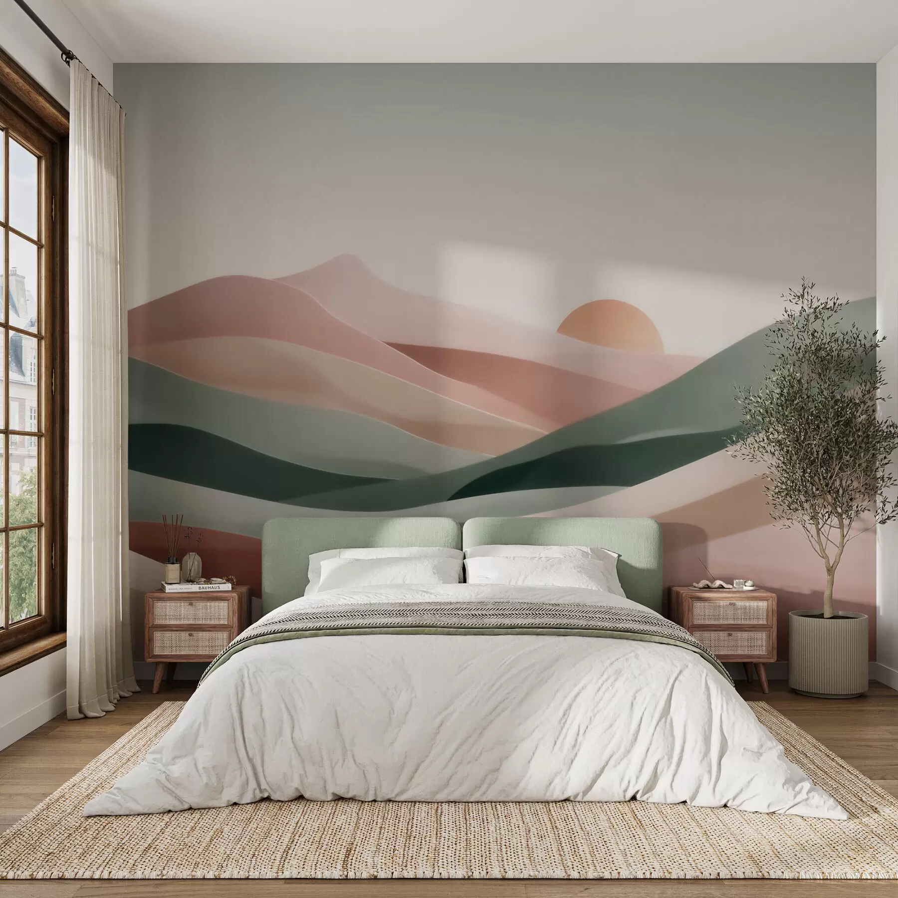 Fototapet Abstrakt ökenlandskap i en pastellgrön-rosa färgskala, minimalism w09860