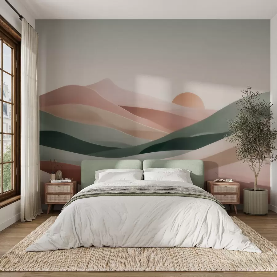 Fototapet Abstrakt ökenlandskap i en pastellgrön-rosa färgskala, minimalism w09860