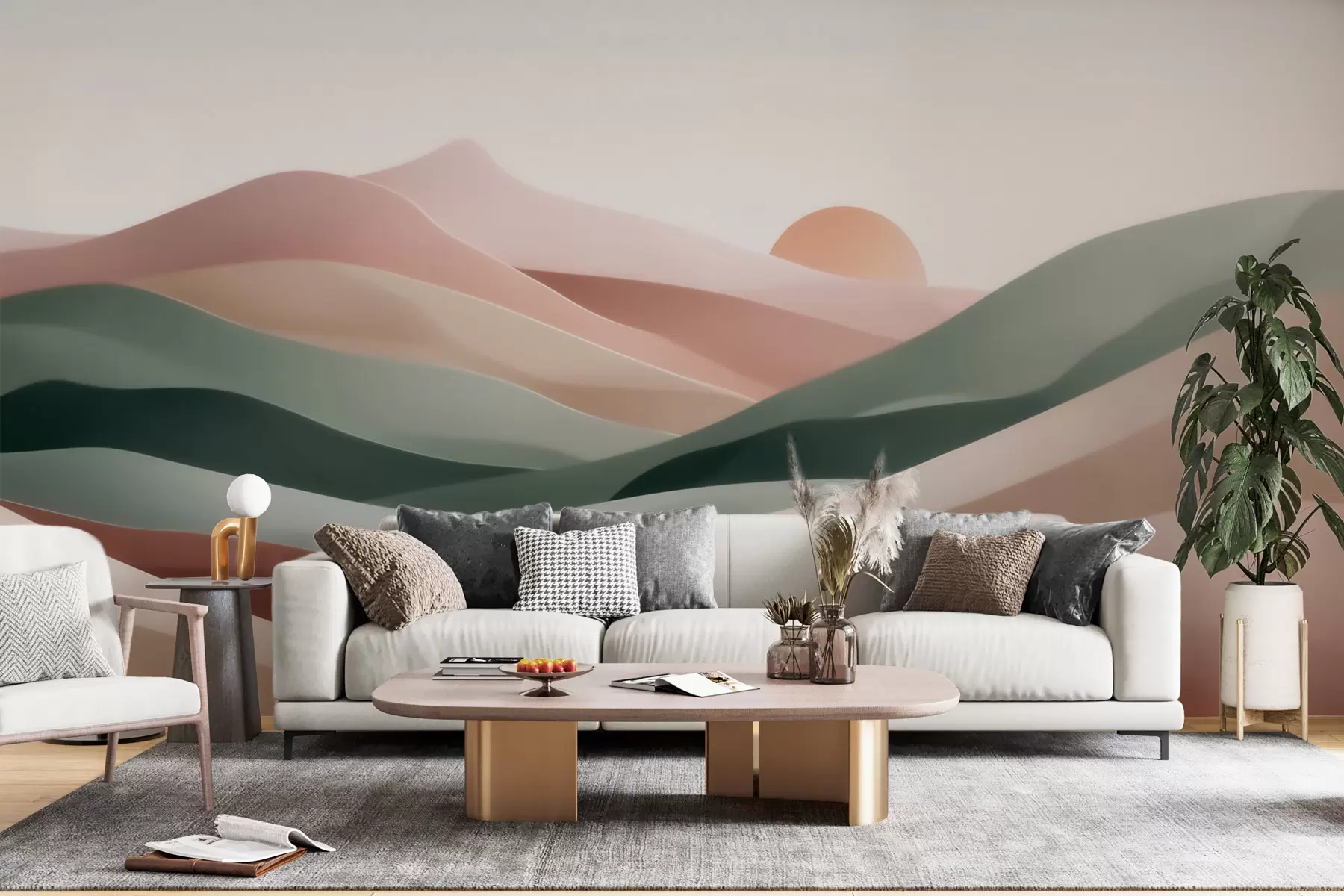 Fototapet Abstrakt ökenlandskap i en pastellgrön-rosa färgskala, minimalism w09860