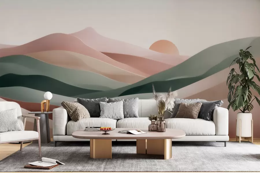 Fototapet Abstrakt ökenlandskap i en pastellgrön-rosa färgskala, minimalism w09860