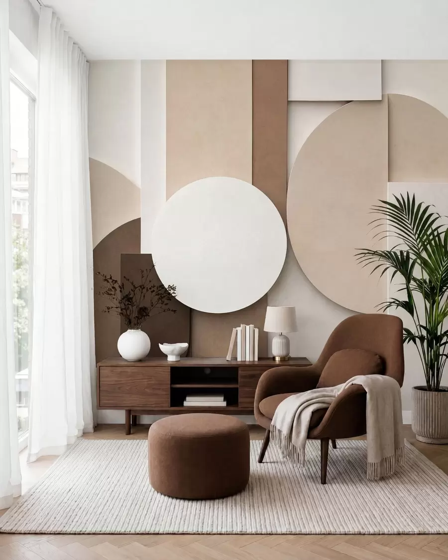 Fototapet Strukturerade beige geometriska former i en skiktad 3D-komposition, minimalistisk modern väggkonst w05598