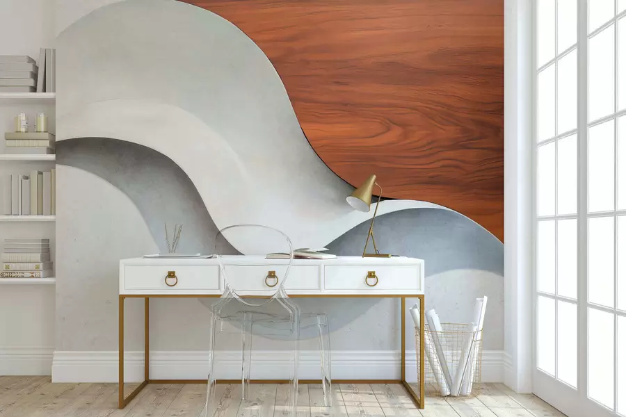 Fototapet Flytande abstrakta vågor med varma trädetaljer, minimalistisk modern design w05599