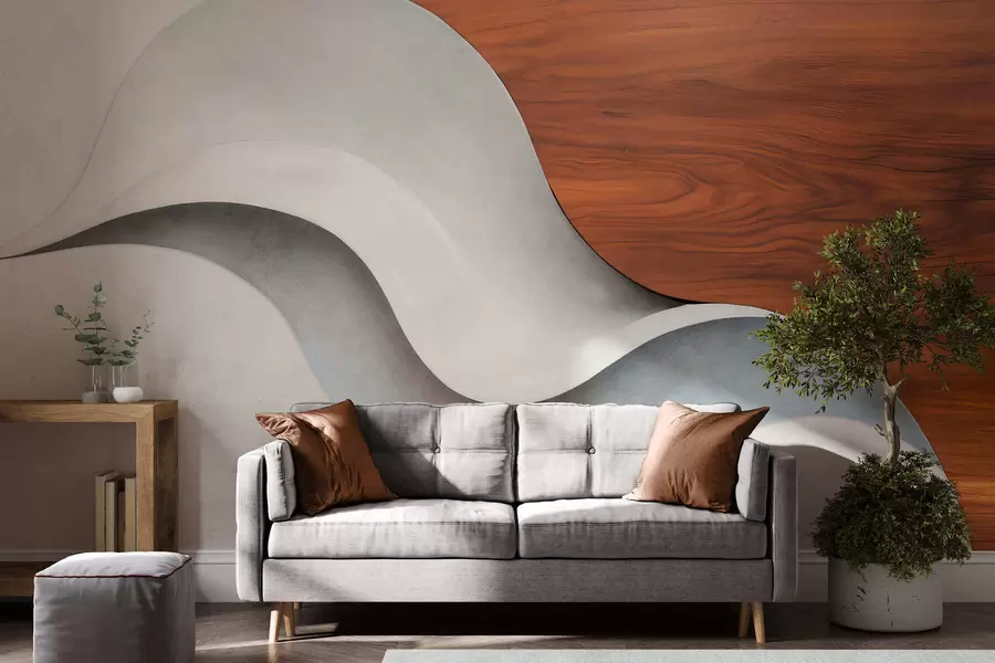 Fototapet Flytande abstrakta vågor med varma trädetaljer, minimalistisk modern design w05599