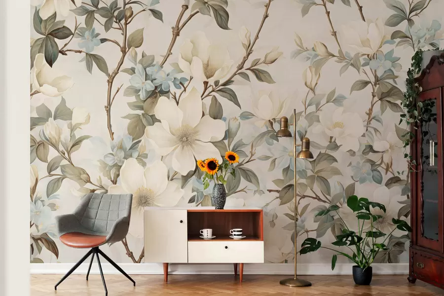 Fototapet Nära blommor och mjuka gröna blad i en målerisk vintagestil med subtila penseldrag w05601