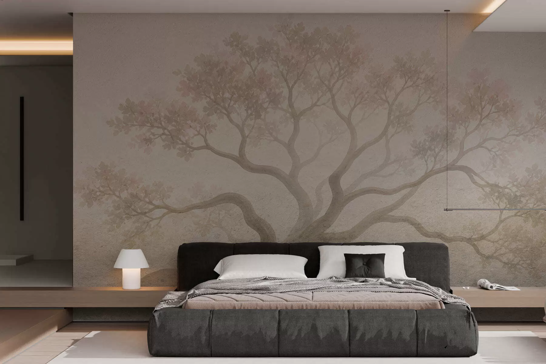 Fototapet Ett minimalistiskt landskap med dimmiga träd i mjuka beige nyanser, drömmande stämningsfull konst w05602