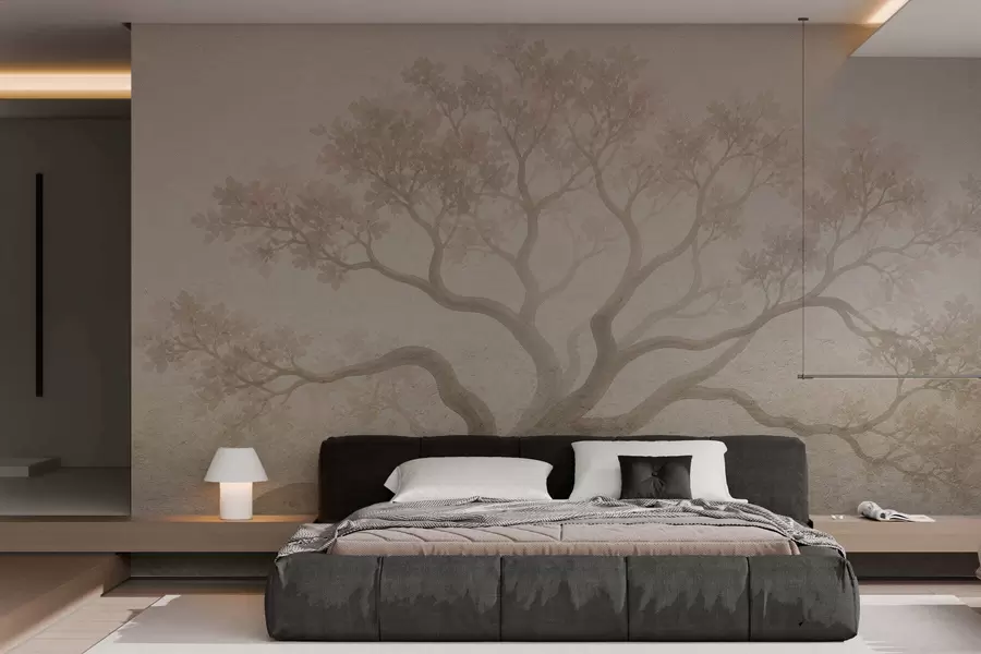 Fototapet Ett minimalistiskt landskap med dimmiga träd i mjuka beige nyanser, drömmande stämningsfull konst w05602