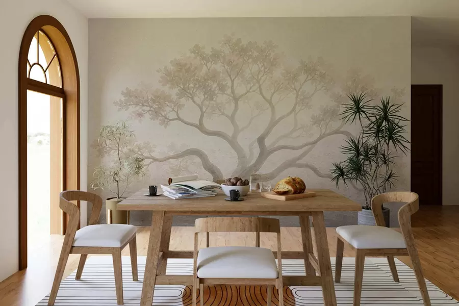 Fototapet Ett minimalistiskt landskap med dimmiga träd i mjuka beige nyanser, drömmande stämningsfull konst w05602