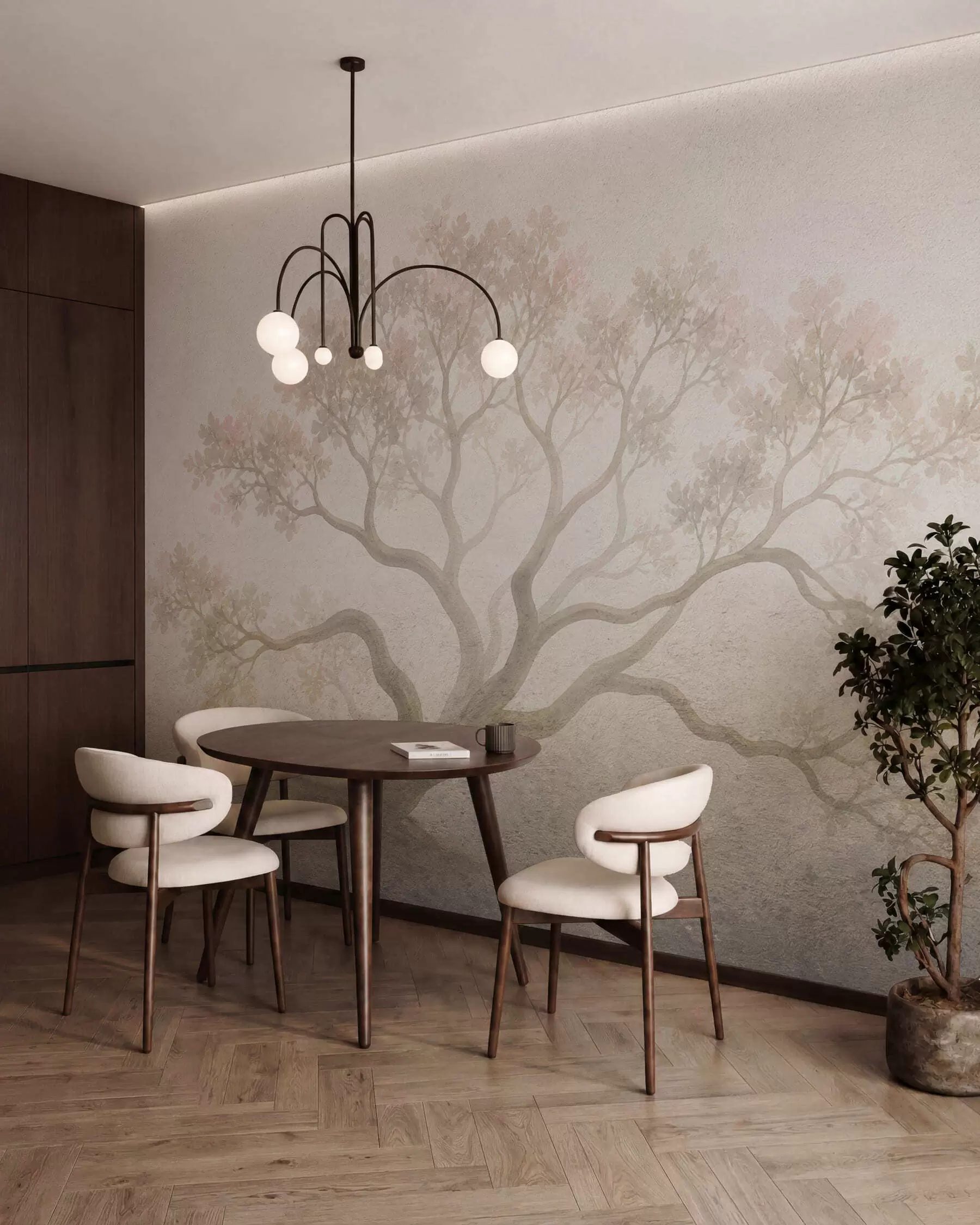 Fototapet Ett minimalistiskt landskap med dimmiga träd i mjuka beige nyanser, drömmande stämningsfull konst w05602