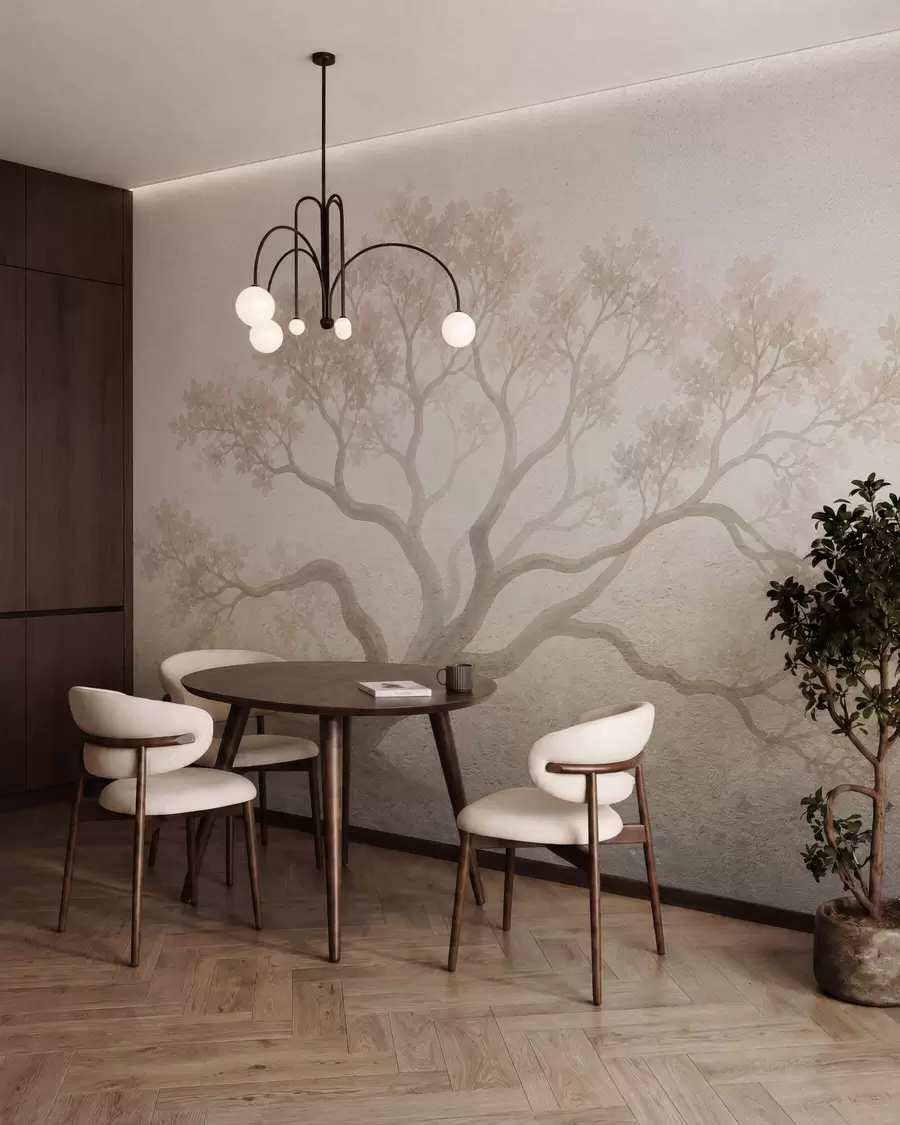 Fototapet Ett minimalistiskt landskap med dimmiga träd i mjuka beige nyanser, drömmande stämningsfull konst w05602