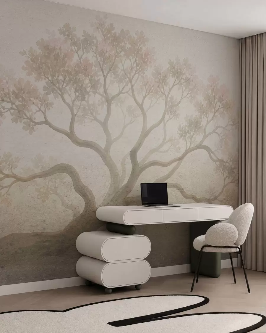 Fototapet Ett minimalistiskt landskap med dimmiga träd i mjuka beige nyanser, drömmande stämningsfull konst w05602