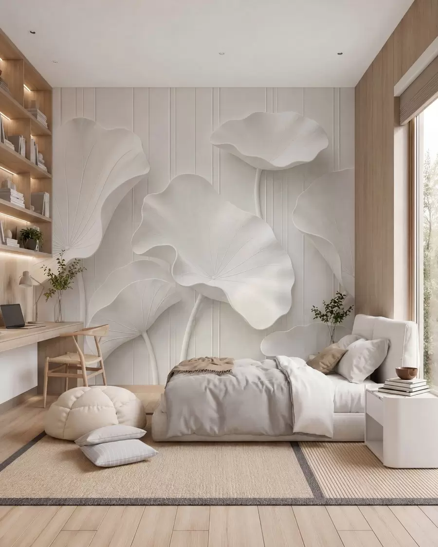 Fototapet Vit skulptural blomrelief med lager på lager av kronblad, elegant väggkonst i 3D w05604