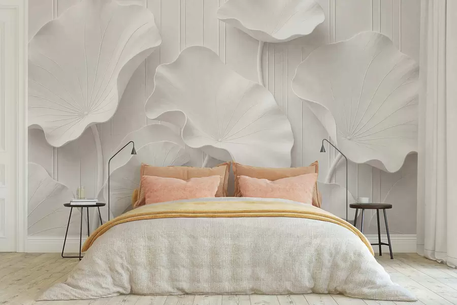 Fototapet Vit skulptural blomrelief med lager på lager av kronblad, elegant väggkonst i 3D w05604