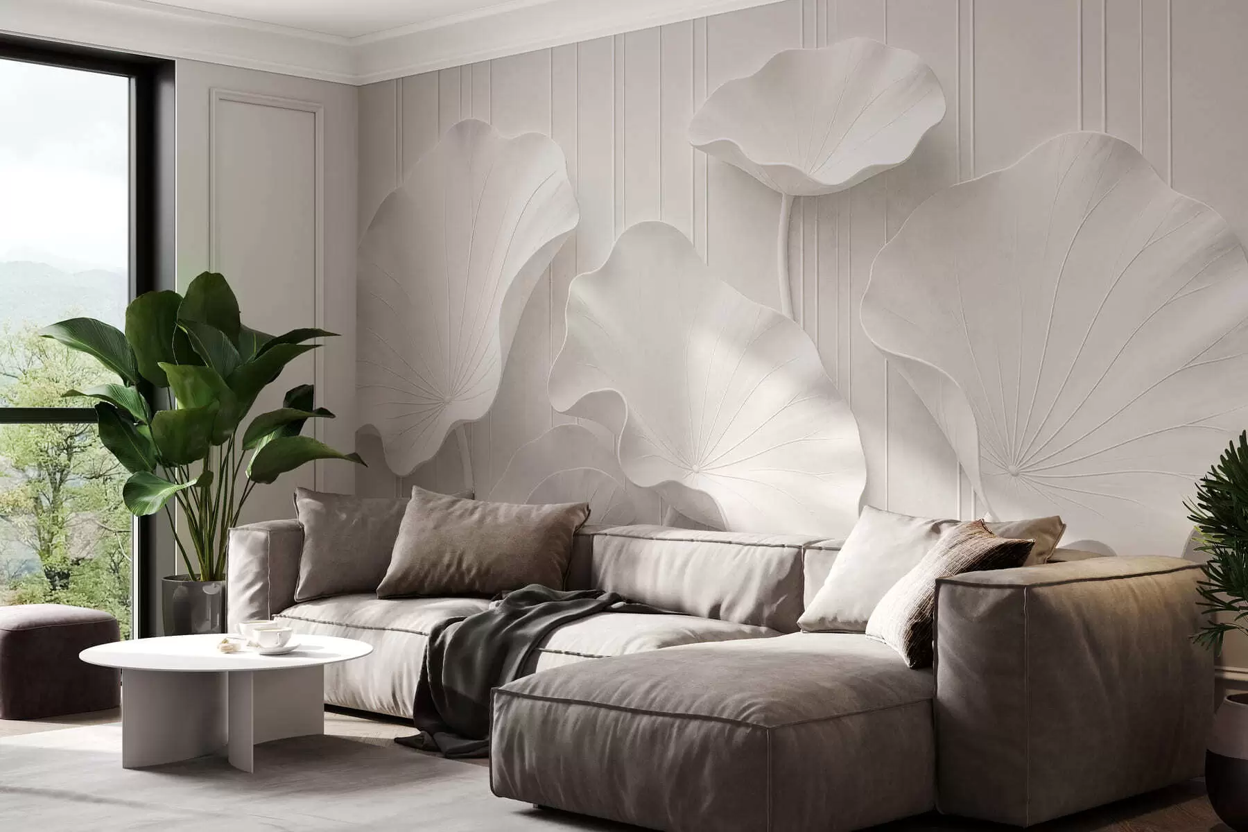 Fototapet Vit skulptural blomrelief med lager på lager av kronblad, elegant väggkonst i 3D w05604