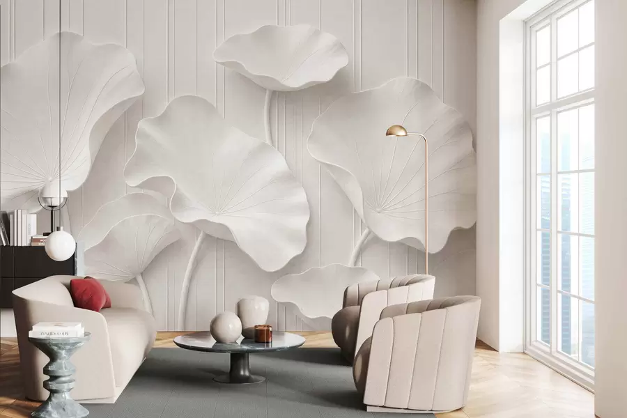 Fototapet Vit skulptural blomrelief med lager på lager av kronblad, elegant väggkonst i 3D w05604
