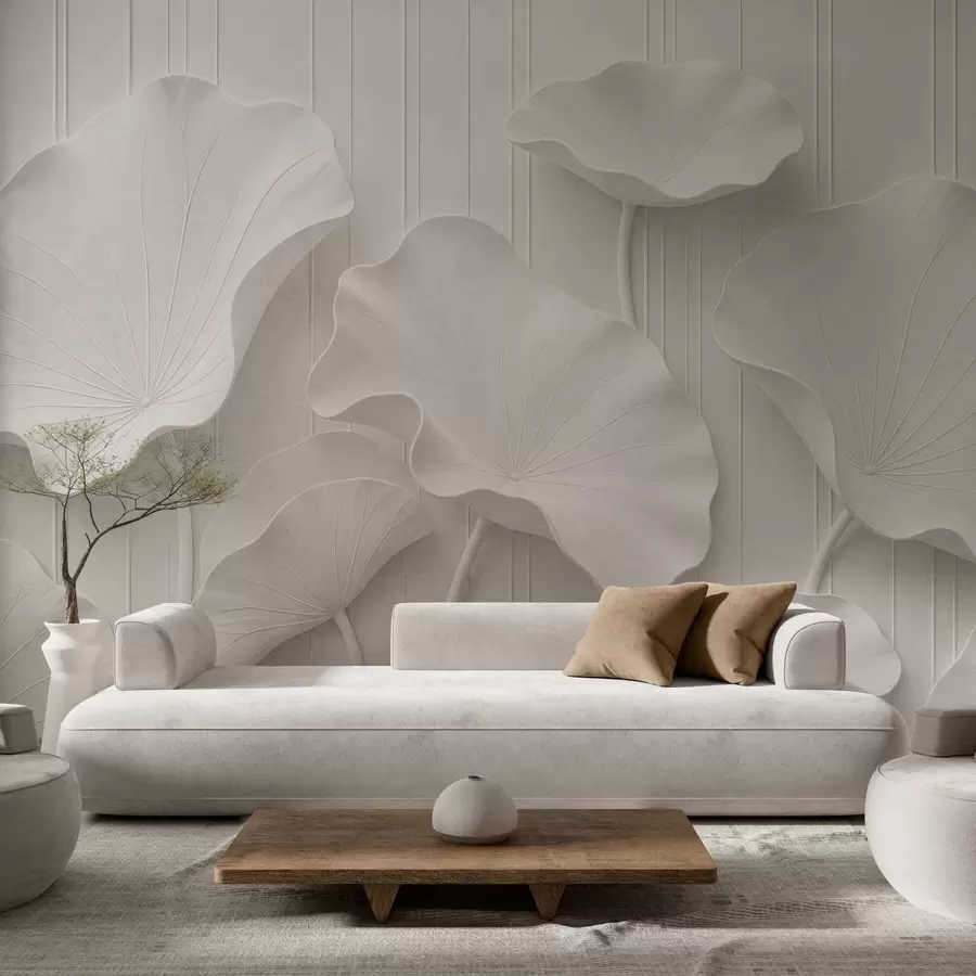 Fototapet Vit skulptural blomrelief med lager på lager av kronblad, elegant väggkonst i 3D w05604