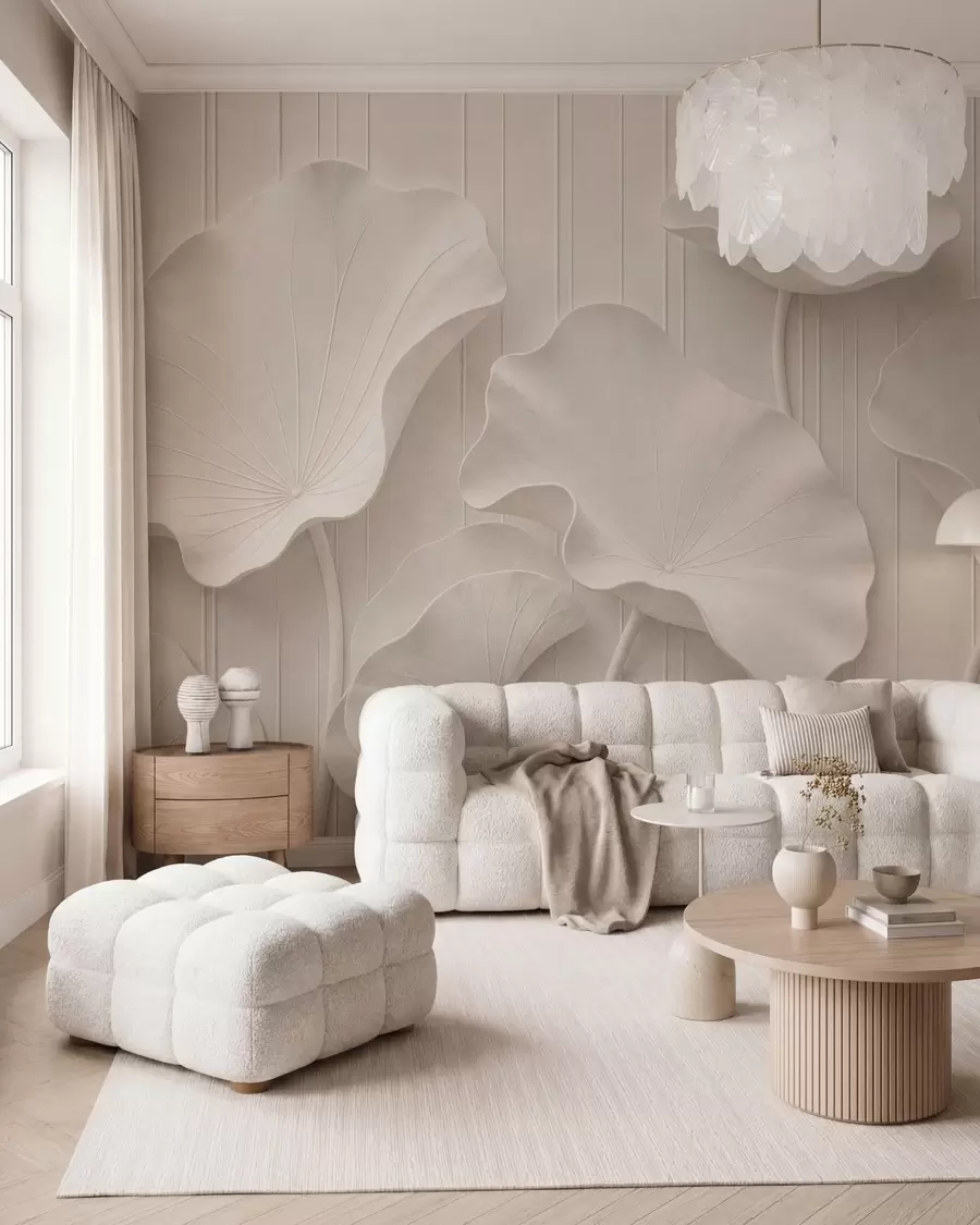 Fototapet Vit skulptural blomrelief med lager på lager av kronblad, elegant väggkonst i 3D w05604