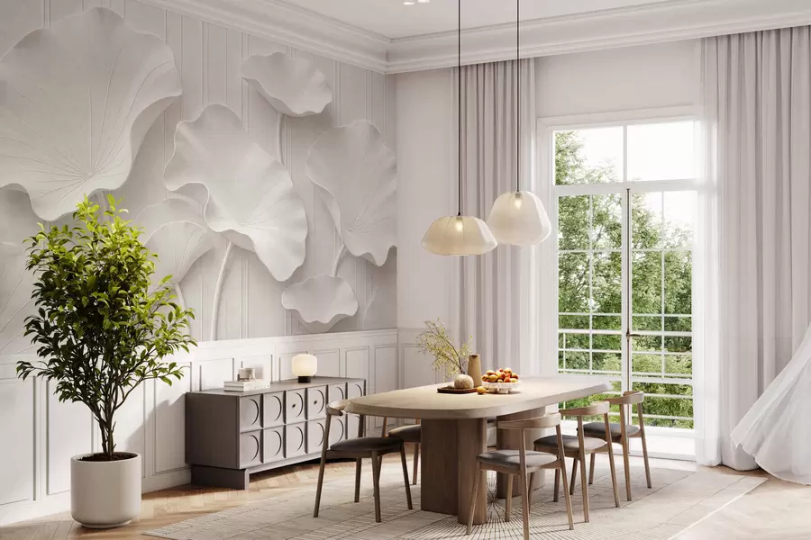Fototapet Vit skulptural blomrelief med lager på lager av kronblad, elegant väggkonst i 3D w05604