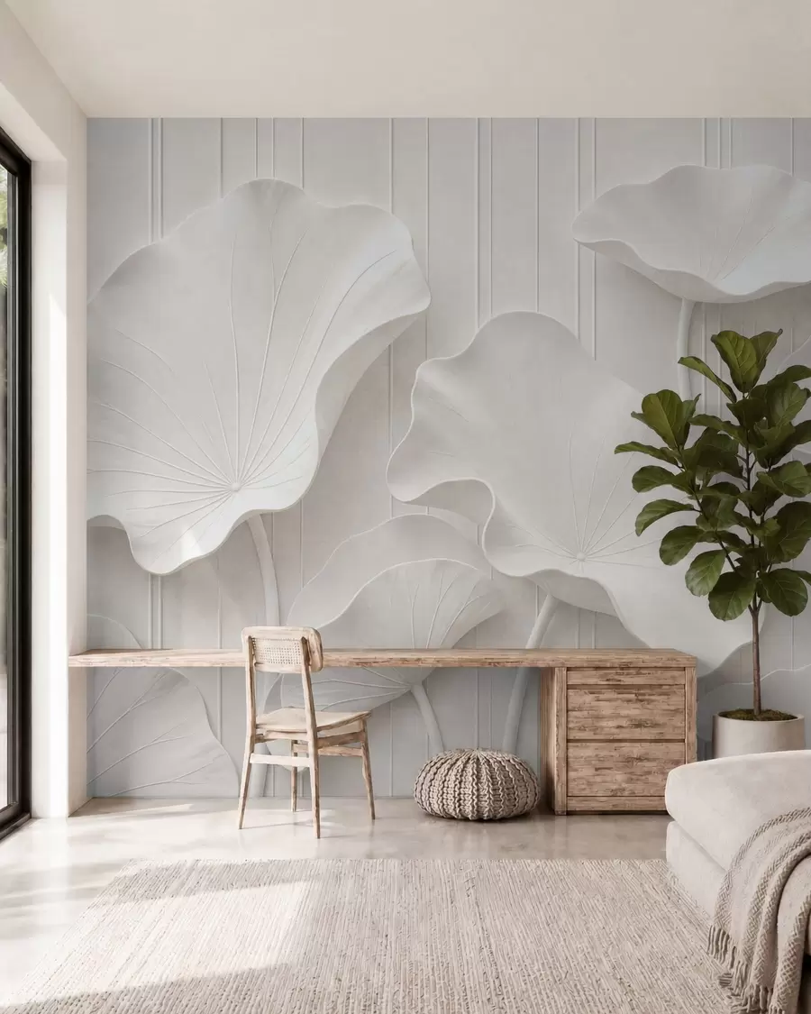 Fototapet Vit skulptural blomrelief med lager på lager av kronblad, elegant väggkonst i 3D w05604