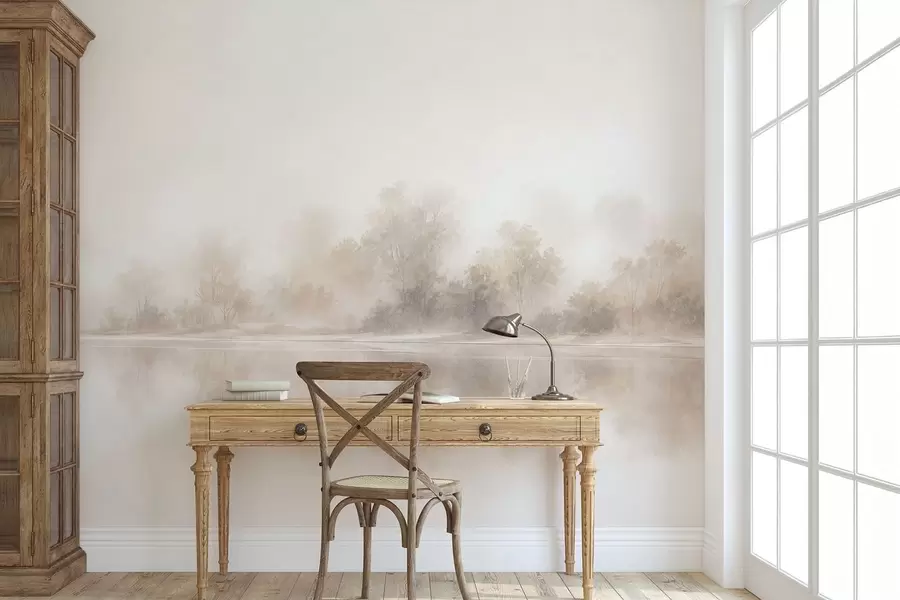 Fototapet Ett minimalistiskt, dimmigt landskap med subtila speglingar i varma, neutrala färger w05606