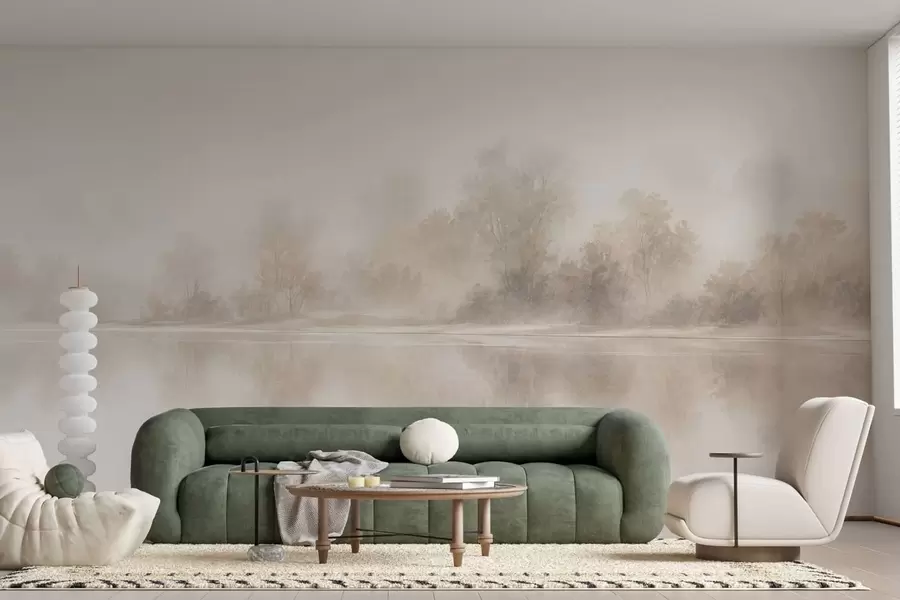 Fototapet Ett minimalistiskt, dimmigt landskap med subtila speglingar i varma, neutrala färger w05606