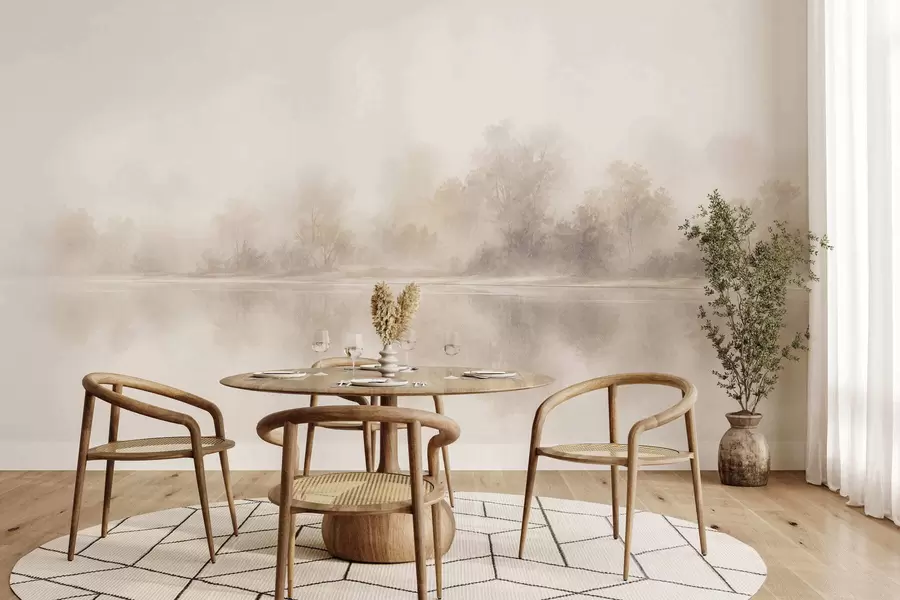 Fototapet Ett minimalistiskt, dimmigt landskap med subtila speglingar i varma, neutrala färger w05606