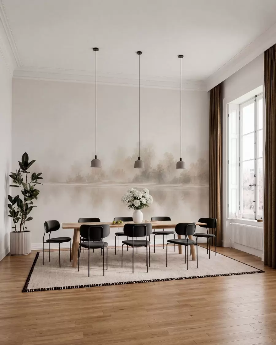 Fototapet Ett minimalistiskt, dimmigt landskap med subtila speglingar i varma, neutrala färger w05606