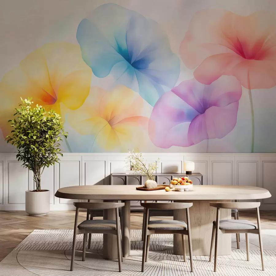 Fototapet Färgglada, genomskinliga blommor i mjuka pastellfärger med en drömlik akvarelleffekt w05607