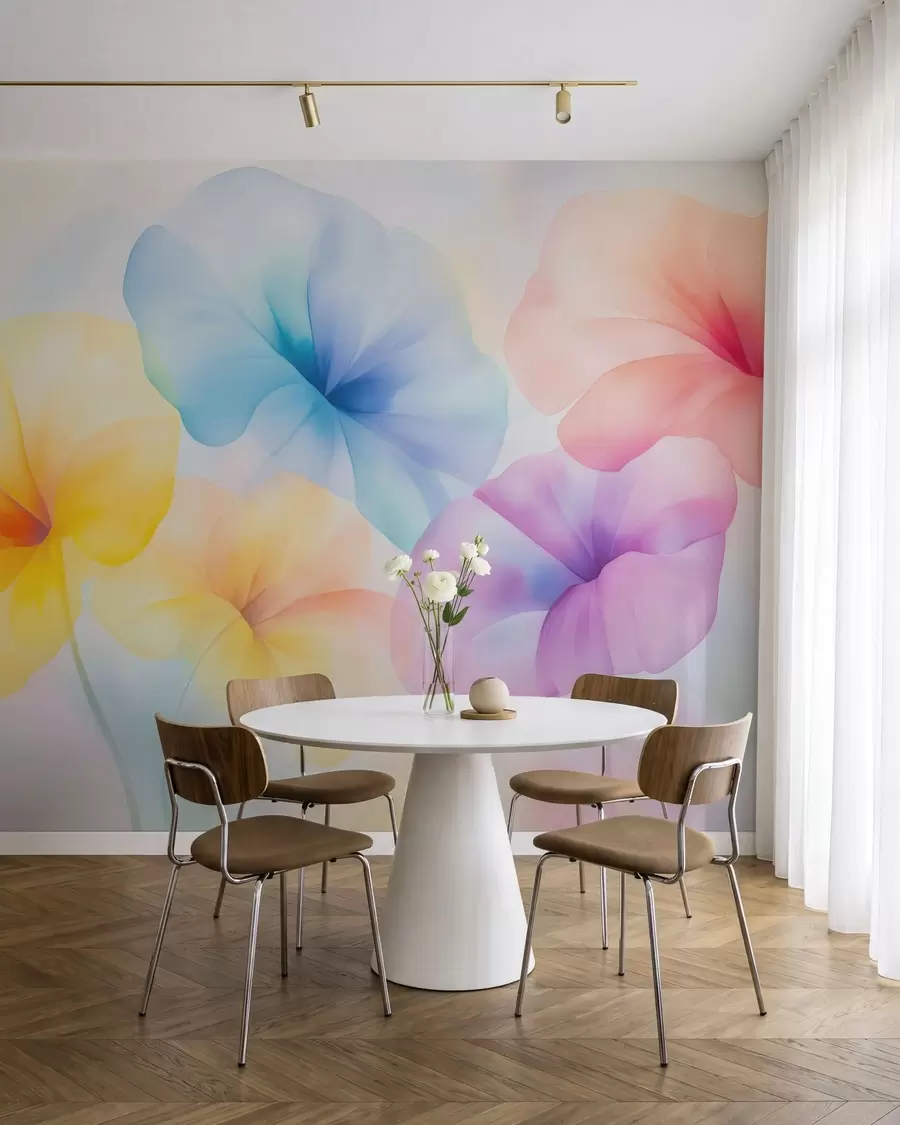 Fototapet Färgglada, genomskinliga blommor i mjuka pastellfärger med en drömlik akvarelleffekt w05607