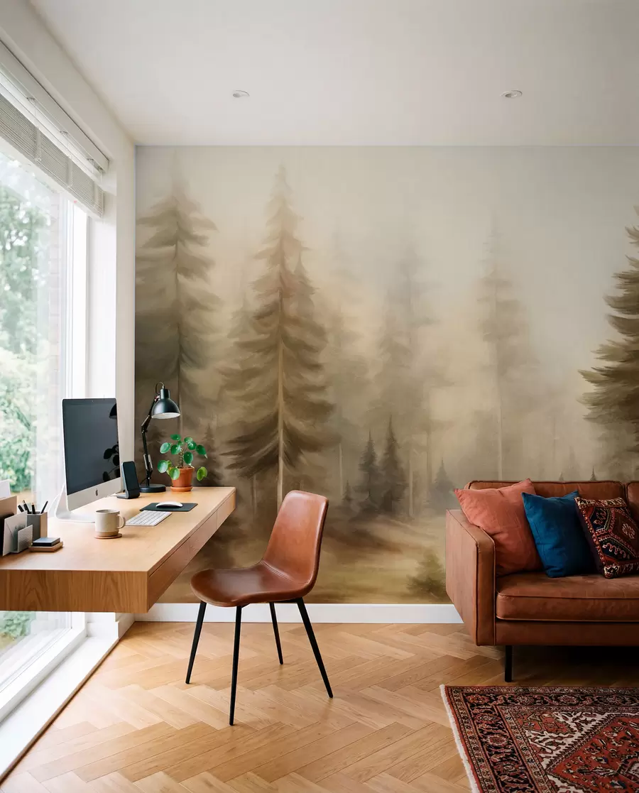 Fototapet En tät skog med höga tallar i en lätt dimma, landskapskonst med djup och struktur w09830