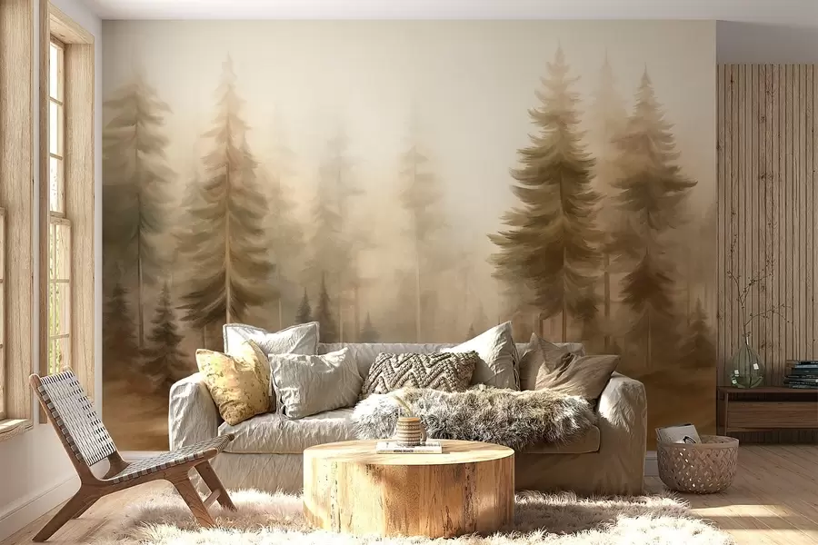 Fototapet En tät skog med höga tallar i en lätt dimma, landskapskonst med djup och struktur w09830