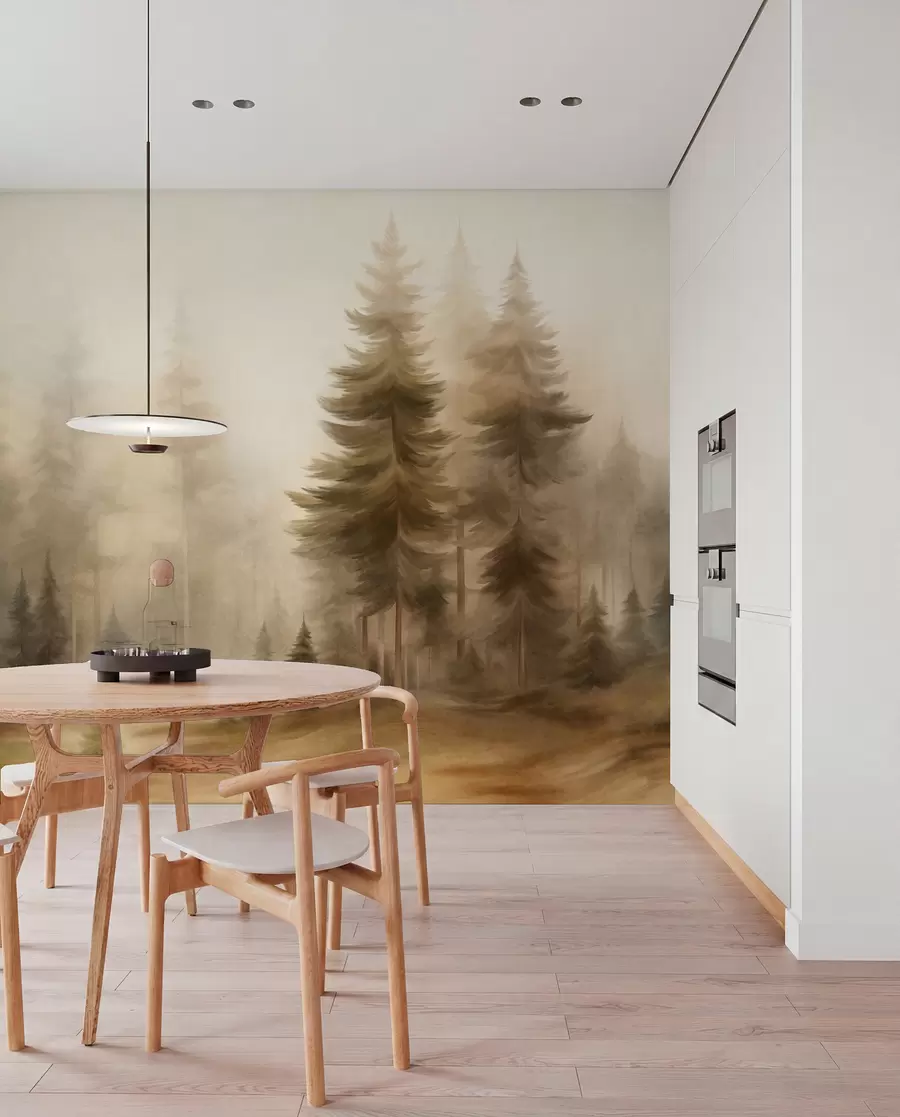 Fototapet En tät skog med höga tallar i en lätt dimma, landskapskonst med djup och struktur w09830