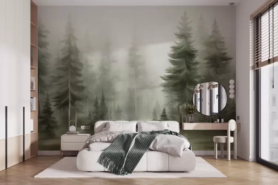 Fototapet En tät skog med höga tallar i en lätt dimma, landskapskonst med djup och struktur w09830v1