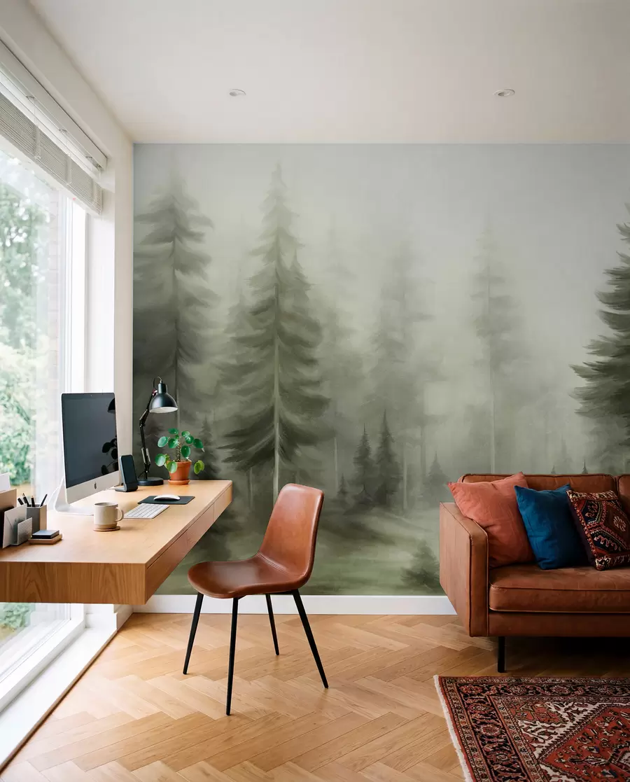 Fototapet En tät skog med höga tallar i en lätt dimma, landskapskonst med djup och struktur w09830v1