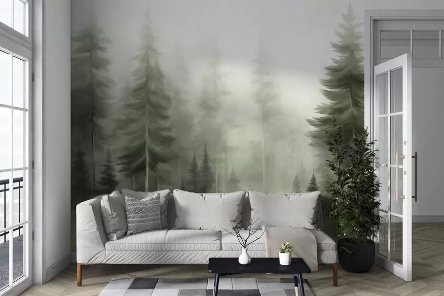 Fototapet En tät skog med höga tallar i en lätt dimma, landskapskonst med djup och struktur w09830v1