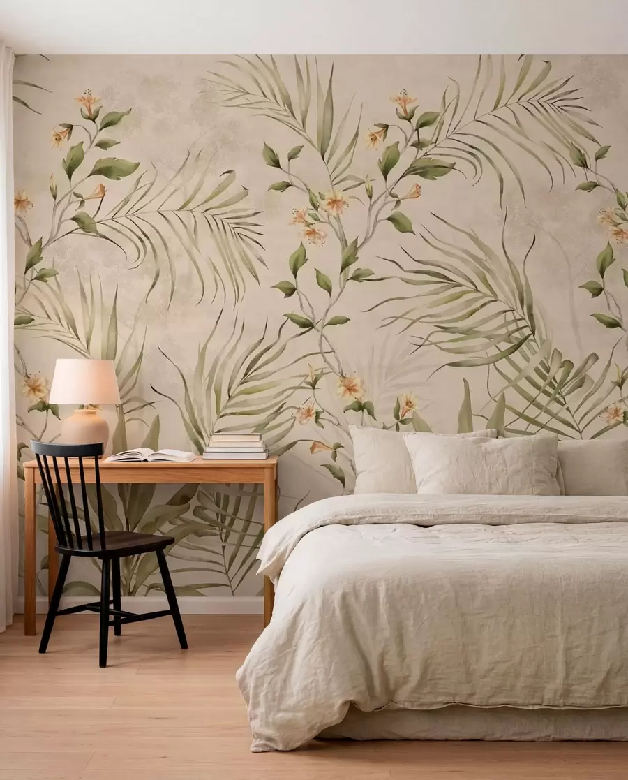 Fototapet Tropiska blad och mjuka blommor på beige bakgrund w05625